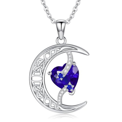 TOUPOP Moon and Star Birthstone Necklace for Women 925 Sterling Silver Celtic Moon Jewelry Birthday Mothers Day Gifts for Mom Wife Her - color: 09-September-Sapphire