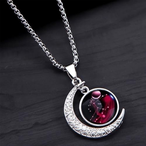 Stainless Steel Mens Necklace 12 Zodiac Moon Galaxy Pendant Necklace,22.8 Inch Stainless Steel Chain, 1.13 Inch Aries/Pisces Celestial Crescent Moon Star Sign Charm Jewelry - style: Virgo（8.23-9.22）
