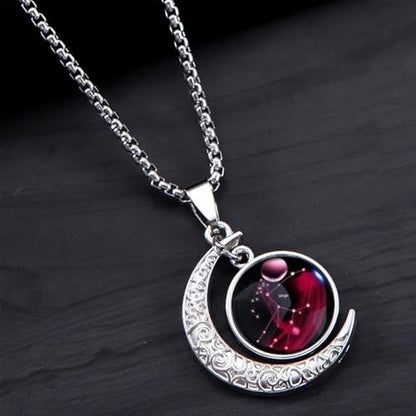 Stainless Steel Mens Necklace 12 Zodiac Moon Galaxy Pendant Necklace,22.8 Inch Stainless Steel Chain, 1.13 Inch Aries/Pisces Celestial Crescent Moon Star Sign Charm Jewelry - style: Virgo（8.23-9.22）