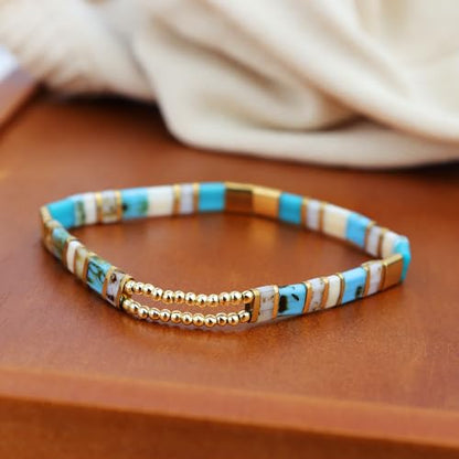 Sonateomber Tila Flat Beaded Stretch Bracelets for Women, Trendy Unique Colorful Square Beads Handmade Stack Bracelet Friendship Accessories Fashion Jewelry Gift - color: Gold Bead Turquoise White