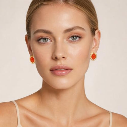 Chunky Gold Stud Earrings for Women 18K Gold Plated Hypoallergenic Chunky Statement Earrings Big Natural Crystal Stone Earring Gift for Women - color: Carnelian