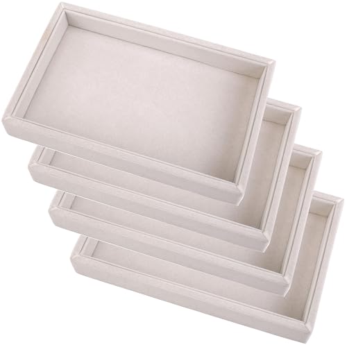 4pcs 9"x5.7" Velvet Jewelry Tray Jewelry Display Tray Stackable Plate Tray | Jewelry Organizer Trays for Earrings Necklaces Bracelet Rings Display Showcase - Beige - color: Beige, size: Flat Tray 9"x5.7"