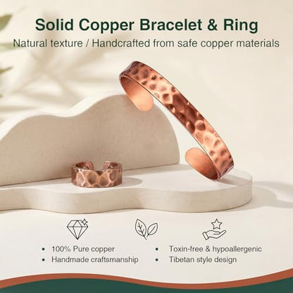 Copper Bracelets for Women Men Set, 100% Solid Real Pure Handmade Hammered Copper & Rings Jewelry Bracelet
