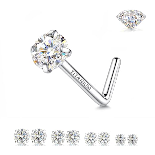 GEMQUEEN 8Pcs Moissanite & Implant Grade G23 Titanium Nose Studs : 18K Gold Plated L Shaped Nose Ring Set Hypoallergenic 18G 20G Small Nostril Piercing Jewelry for Women Men 1.5/2/2.5/3mm D Color VVS1 - color: Titanium, size: 20G(0.8mm)-Moissanite-1.5/2/2
