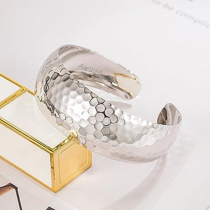 Dankadi 925 Sterling Silver Polished Hammered Bangle for Women Wide Cuff Groove Open Bracelet Adjustable Handmade Jewelry Gift