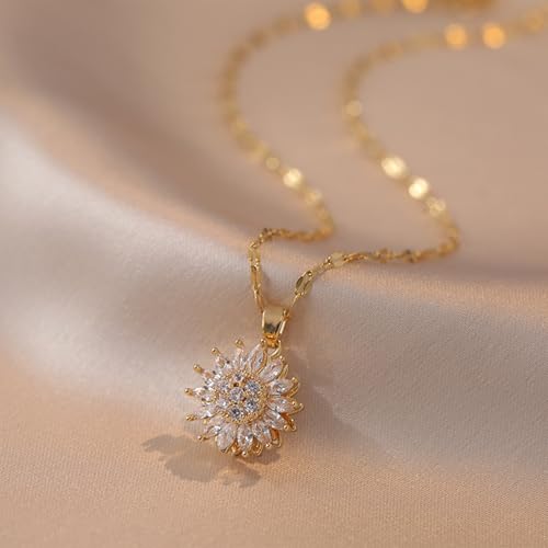 Sunflower Fidget Necklace for Women Gold Moon Necklace Rotating Heart Necklaces Spinning Crystal Flower Anxiety Necklaces Crescent Moons Jewelry Accessories - color: Set