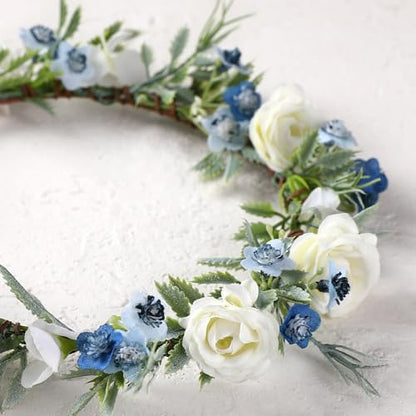 Fairy White Flower Crown Headband, Rose Floral Headpiece | Adjustable, Fairy Flower Crown, Women Girls, Renaissance Birthday Wedding Party Photo Props - color: Blue White