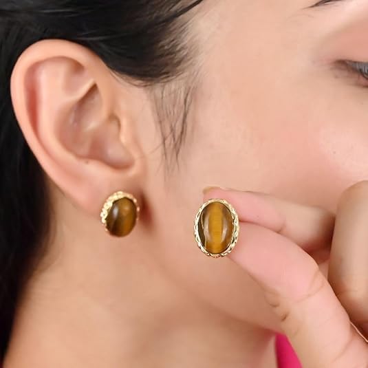 Gempires Bold Oval Gemstone Stud Earrings for Women – Natural Healing Stone Jewelry 14K Gold-Plated Hypoallergenic Tarnish-Resistant – Bold Statement Studs Gift for Her - style: Tiger Eye