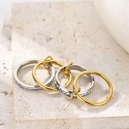 HERSIN Stackable Interlocked Rings for Women Non Tarnish, 14K Gold Plated Cubiz Zirconia Ring Chunky Rings Mixed Metal Multi Ring Dainty Stacking Rings Set Gold Jewelry for Women Gifts
