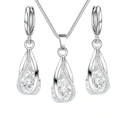Crystal Jewelry AlloyTeardrop Pendant Necklace Drop Earrings Set Elegant Sapphire Color Jewelry for Women - color: White