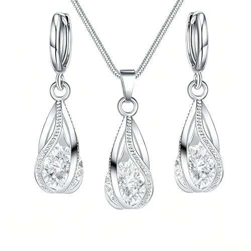 Crystal Jewelry AlloyTeardrop Pendant Necklace Drop Earrings Set Elegant Sapphire Color Jewelry for Women - color: White