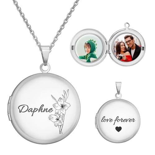 Personalized Heart Locket Necklace Customize Photo 925 Sterling Silver Picture Locket Necklace for Women Girls kids Engraved Birth Flower and Text Birthday Christmas Gifts for Women Girls Kids - color: Circle Silver