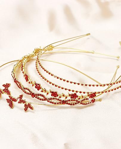 Wecoe 4 Pack Red Rhinestone Headband Flower Girl Bridal Wedding Headband Crystal Headpiece Flower Leaf Butterfly Metal Hairband Girls Hair Accessories For Women Girls Gifts - color: Gold band & red rhinestones