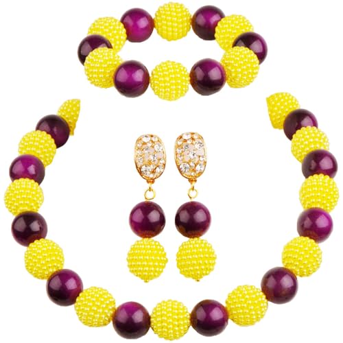 Nigerian Wedding African Beads Jewelry Set Women Simulated Pearl Necklace and Earrings - color: Purple-Yellow