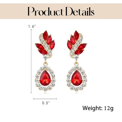 EleQueen Women's Austrian Crystal Art Deco Tear Drop Dangle Earrings Clip-on - color: 02-Gold-tone Ruby Color