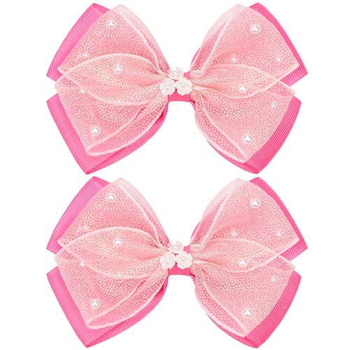 KISZU 4.5 Inch Flower Hair Bows Clips Mermaid Pearl HairPins for Girls Children Teens and Women - color: Hot Pink