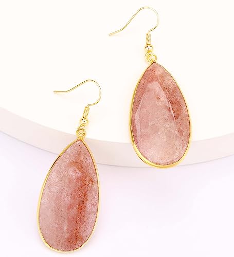 BaubleStar Natural Crystal Healing Stone Earrings Statement Teardrop Dangle Earrings for Women - color: Strawberry