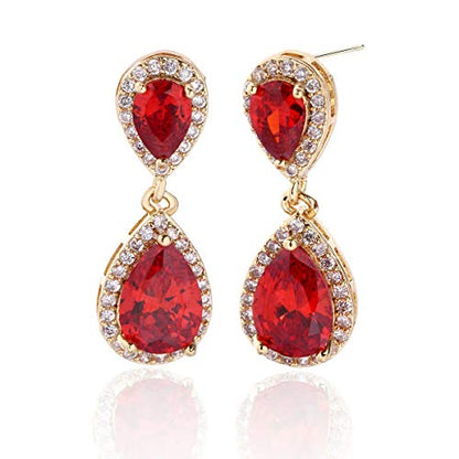 Pave Teardrop Earrings for Wedding Sterling Silver Double Pear Shaped CZ Cubic Zirconia Crystal Rhinestone Birthstone Dangle Earrings Bridal Jewelry for Bride Bridesmaids - color: Stunning Ruby