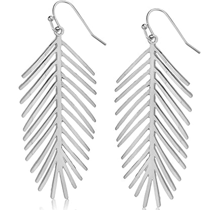 Palm Leaf Earrings for Women - Boho Tropical Dangle Earrings | Plated in Gold Tone or Silver Tone - color: 3" inch - Silver