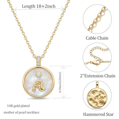 Initial Necklaces for Women Mother of Pearl Gold Letter Necklace Pendant - color: Letter A