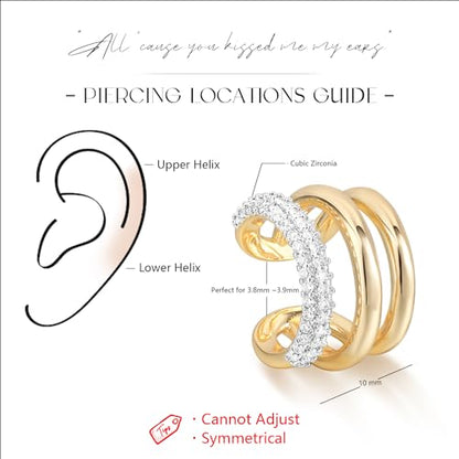 MYEARS Women Ear Cuff Earrings Gold Non Pierced Cartilage Clip on Open Wrap Hoop 14K Gold Plated Simple Hypoallergenic Everyday Jewelry - style: Bold Triple Split / Pair