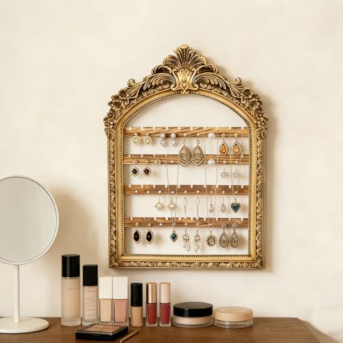 Wall Hanging Earring holder Organizers Vintage Arched Frame 13 x 9.3 Inch 4 Layer Vintage Gold Arched Frame Decorative Earring Organizer Display for Earring Bracelet Necklace Ring Birthday Wedding