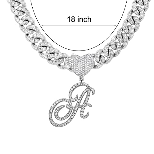 Initial Necklaces Silver Cuban Link Chain for Women Iced Out Chain with Heart Letter Pendants Custom Chain Name Necklace Hip Hop Jewelry Gift - color: A