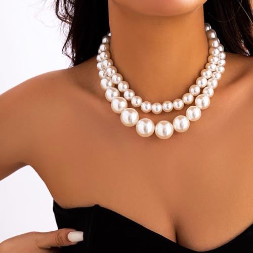 SukAmi Big Pearl Choker Necklace Chunky Large Simulated Faux Pearl Necklace Women White Layers Pearl Necklace Wedding Party Jewelry 20s Gift 2PCS 35+7cm