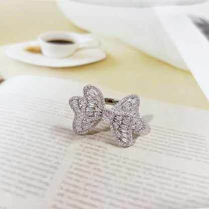 Luxury Rhinestone Bowknot Open Ring For Women Gold Silver Plated Adjustable Sparkly CZ Crystal Butterfly Finger Band Statement Bow Tie Ribbon Rings Fashion Shiny Wedding Promise Cocktail Jewelry For Her Gifts - color: Silver