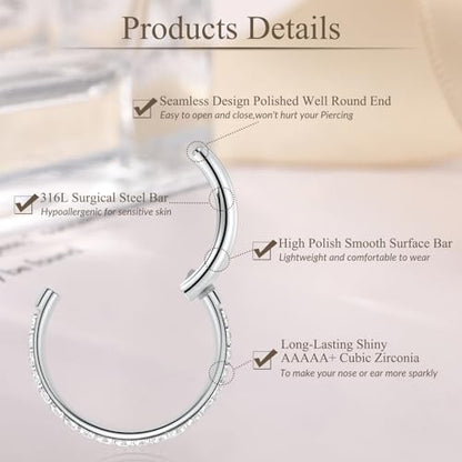 GAGABODY Surgical Steel Hypoallergenic Nose Ring Earring CZ Hoop for Unisex | Hinged Seamless Clasp,Used in Nostril,Septum,Lip,Eyebrow,Nipple and All Ear Piercings.22G to 12G,Inner Diameter 5mm to 14mm - color: Style1:Silver+Clear CZ, size: 14G-10mm