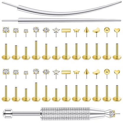20/18/16g Gold Flat Back Threadless Earrings Nose Rings Lip Studs Surgical Steel Piercing Jewelry for Women Men - color: Gold, size: 16g=1.2mm