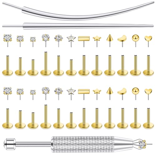 20/18/16g Gold Flat Back Threadless Earrings Nose Rings Lip Studs Surgical Steel Piercing Jewelry for Women Men - color: Gold, size: 18g=1.0mm