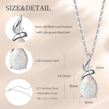 FANCIME 14K Solid White Gold Birthstone Pendant Necklace for Women with Diamond Pear Shaped Teardrop Necklace Birthday Gifts for Mom Women,Sterling Silver Chain 16" + 2" Extender - color: 10-Opal