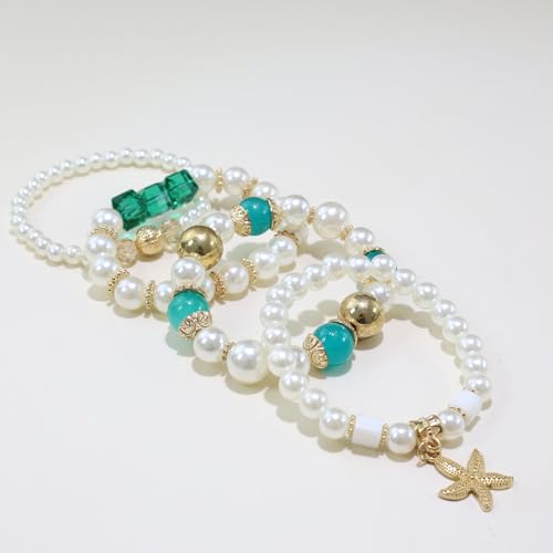Bohemian Pearl Bracelet Set, 4 Piece Elastic Stretch Beaded Wrist Chain with Starfish Pendant, Boho Faux Pearl Multi-Color Stackable Bracelets for Women - color: Green