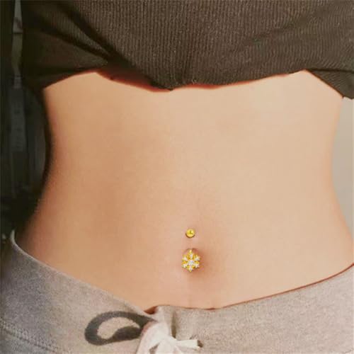 Dainty Flower Dangle Belly Button Ring CZ Crystal Snowflake Navel Barbell Rings Dangling Christmas Body Piercing Jewelry for Women - color: Gold
