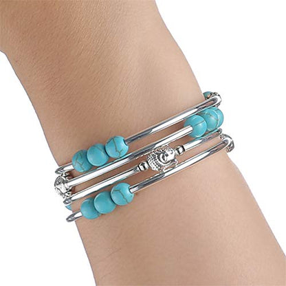 PEARL&CLUB Beaded Chakra Bangle Turquoise Bracelet - Fashion Jewelry Wrap Bracelet with Thick Silver Metal and Mala Beads, Birthday Gifts For Women - color: 58-Turquoise