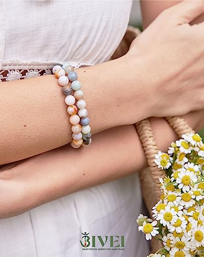 Bivei Natural Crystals Gemstone Healing Stretchy Round Beaded Bracelet | 8MM Semi Precious Beads Bracelet, Handmade Spiritual Jewelry Gift for Women Men,Enhance Positive Energy - color: 8mm Bamboo Leaf Agate & Amazonite (Good Luck), size: Small: 6.5-6.7 i