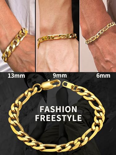 ChainsHouse Figaro Link Chain Bracelet for Men Stainless Steel Jewelry | Black/ Gold Bracelets Men, 6/9/13mm Figaro Cuabn Bracelets 7.5"/8.3", Chunky Hip Hop Wrist Hand Chain Bracelet for Gift - color: a: 9mm-gold