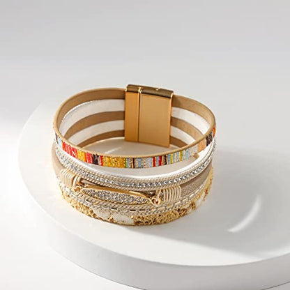 Long tiantian Boho Western Bracelets for Women Leather Wrap Bracelets Turquoise Bracelet Western Jewelry Country Concert Outfits - color: layered bracelets（beige）