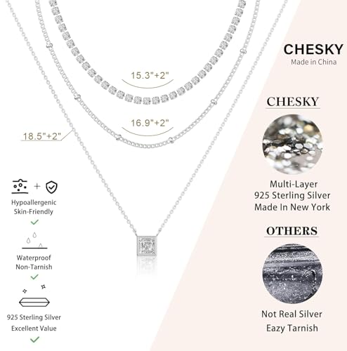 CHESKY Layered Silver Necklace for Women Trendy,Dainty Silver Plated Stackable Charm Necklace Layering Paperclip Tennis Rope Chain CZ Pendant Jewelry Set Gifts - style: tennis