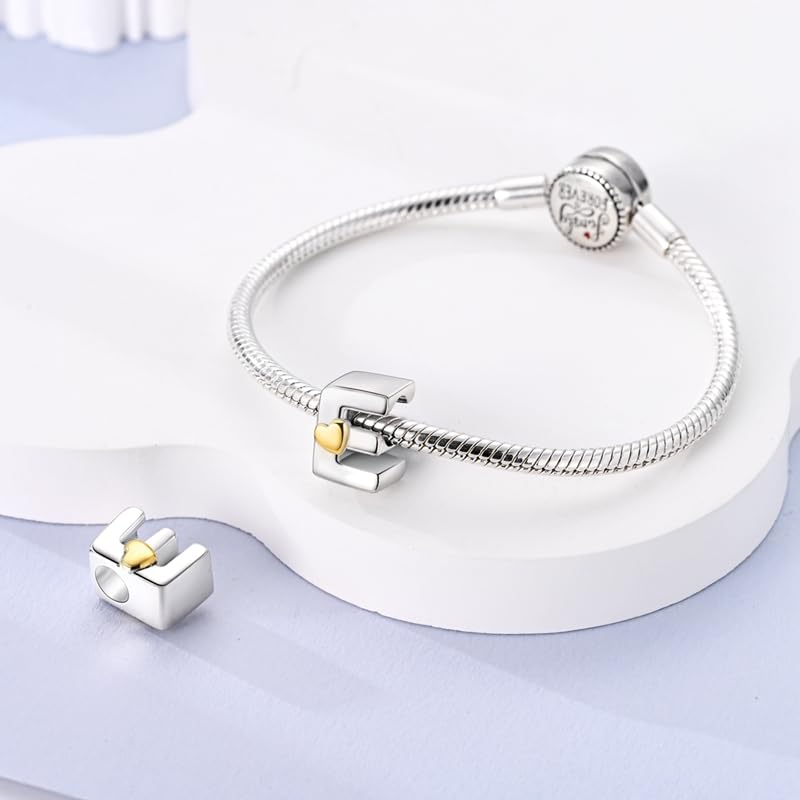 Women 925 Sterling Silver Charms A-Z Heart Letters Beads Pendant for Bracelets Women Fit Pandora Bracelets Hypoallergenic Beads - color: E