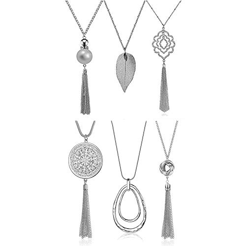 SEVENSTONE 3PCS Long Pendant Necklaces for Women Knot Disk Circle Tassel Statement Sweater Necklace Set - color: Silver-6P