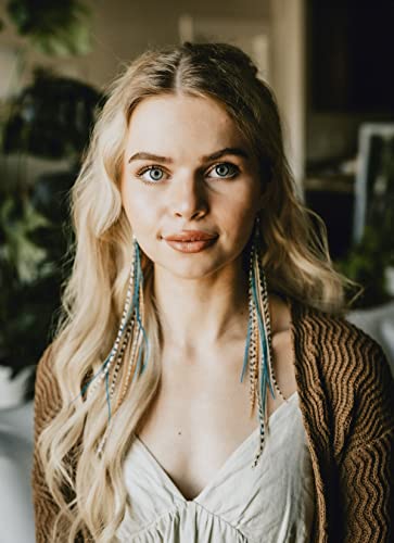 Bohemian handmade long lightweight feather dangle earrings for women - color: Natural & Turquoise