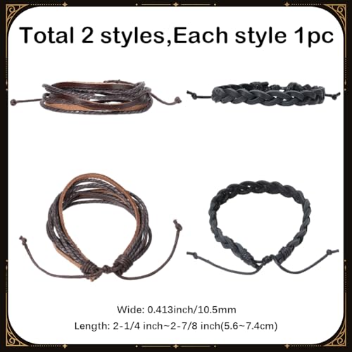 2 Styles Braided Genuine Leather Bracelets Brown Cowhide Layered Cuff Wrap Adjustable Rustic Leather Wrist Band Multilayer Rope Bracelet Wristband for Men Women Daily Wear Costume Party Gift - style: 2 styles 1