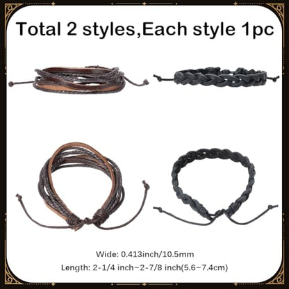 2 Styles Braided Genuine Leather Bracelets Brown Cowhide Layered Cuff Wrap Adjustable Rustic Leather Wrist Band Multilayer Rope Bracelet Wristband for Men Women Daily Wear Costume Party Gift - style: 2 styles 1