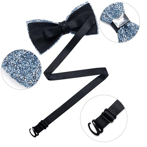 DiBanGu Mens Rhinestone Bow Tie with Ring and Lapel Pin Set | Adjustable Strap,Pre-tied Style,3PCS,Sequin Diamond Bowties，Solid/Mix Color,Shiny Accessory,for Party Prom Banquet Wedding - color: Dusty Blue