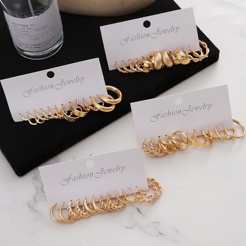 IFKM 24 Pairs Gold Hoop Earrings Set for Women Hypoallergenic Chunky Chain Twisted Open Hoops Dangle Earring Packs for Birthday Party Christmas Fashion Jewelry Gift - color: 24 Fashion gold