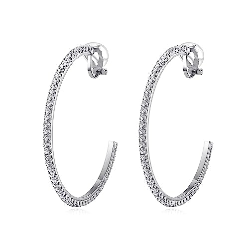 YOQUCOL 4.3CM(1.7in) Clip On Hoop Earrings Cubic Zirconia Non Pierced Ears Hoops for Women - color: 55MM-Silver