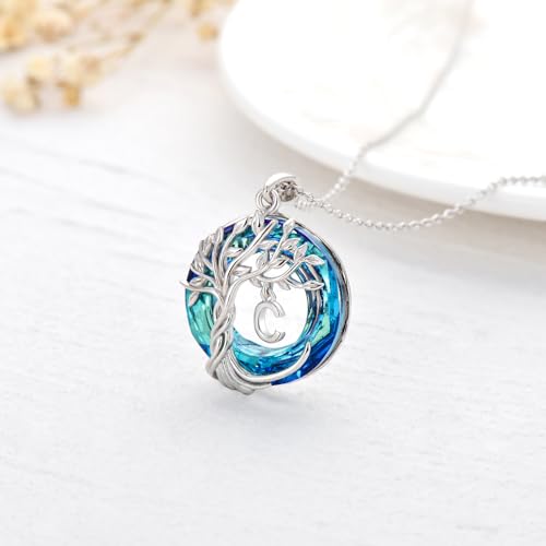 TOUPOP Gifts for Women Tree of Life Initial Necklace 925 Sterling Silver Letter Pendant with Blue Crystal Birthday Jewelry Gifts for Women Her Mom Wife Daughter - color: Tree of Life C Initial