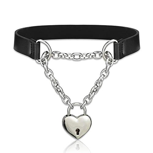 Goth Choker Necklaces for Women, Black Choker and Heart Padlock Day Collar with Key, Black PU Leather Choker Collar for Women